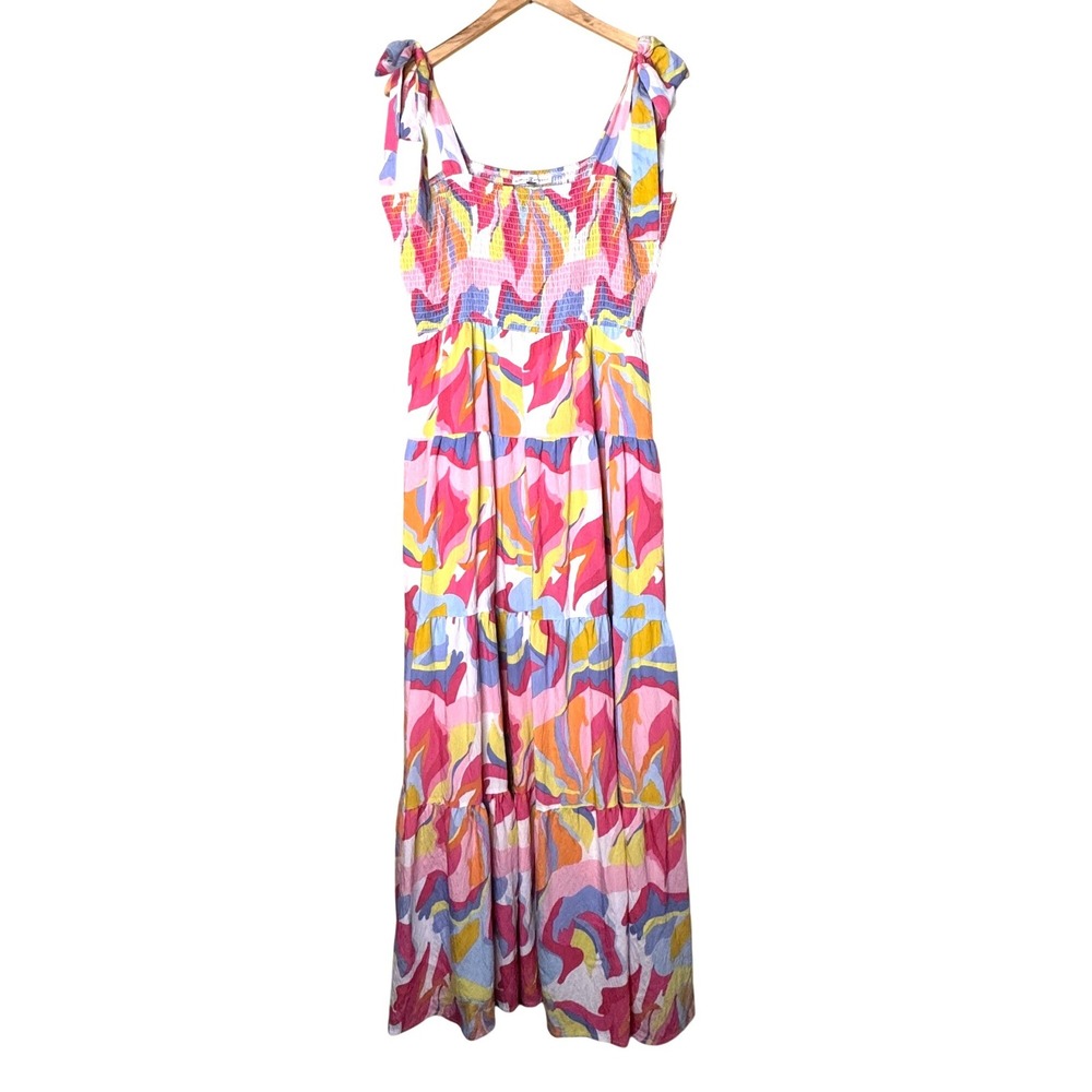 Michelle McDowell Abstract Print Smocked‎ Tiered Maxi Dress Multicolor Large